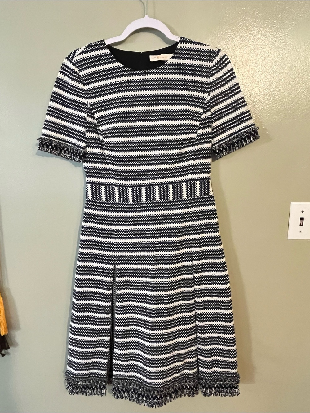 Tory Burch Paulina Black White Striped Short Sleeve Fit-and-Flare Dress S